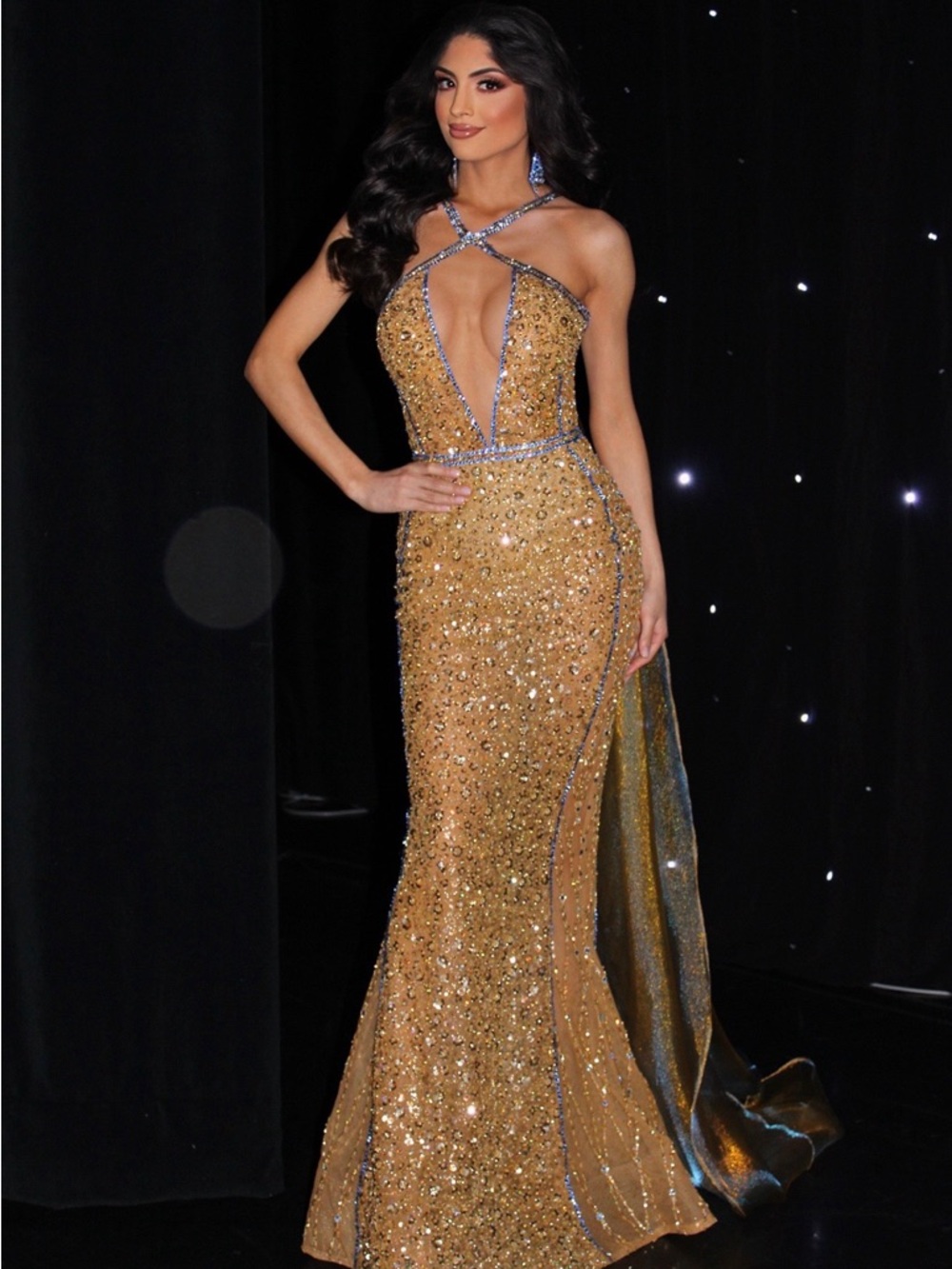 Gold Sequin Halter Evening Gown with Crystal Trim